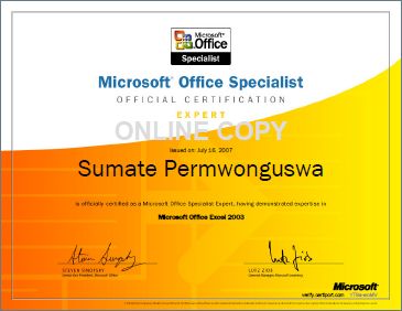 MOS Excel Expert 2003 Certificate