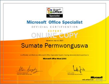 MOS Word Expert 2003 Certificate